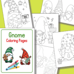 Several gnome-themed coloring pages, featuring gnomes with gifts, hats, and holiday decorations, are displayed with a title page labeled &ldquo;Gnome Coloring Pages&rdquo; and two crayon illustrations.