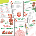 Collage of colorful Christmas-themed party game sheets featuring gnomes, with titles like &ldquo;Christmas Pass the Gift&rdquo; and &ldquo;Christmas Name That Tune,&rdquo; arranged around a central cover page.