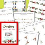 Printable Christmas place cards in four designs&mdash;gifts, holly and berries, reindeer, and Christmas trees&mdash;are shown on sheets with cutting and folding instructions.
