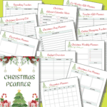 Christmas planner sheets arranged on a green background, featuring trackers, planners, and lists for holiday organization and budgeting.