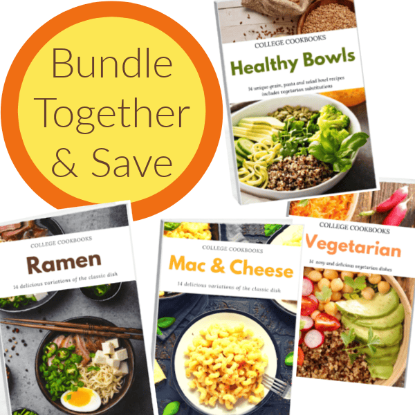 Four college cookbook covers&mdash;Healthy Bowls, Ramen, Mac & Cheese, and Vegetarian&mdash;are shown next to a yellow circle reading &ldquo;Bundle Together & Save.&rdquo;.