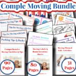 Image showing a &ldquo;Complete Moving Bundle&rdquo; with covers of printable guides, checklists, labels, and activity sheets. Text highlights 90, 80, and 31 pages in three main categories.