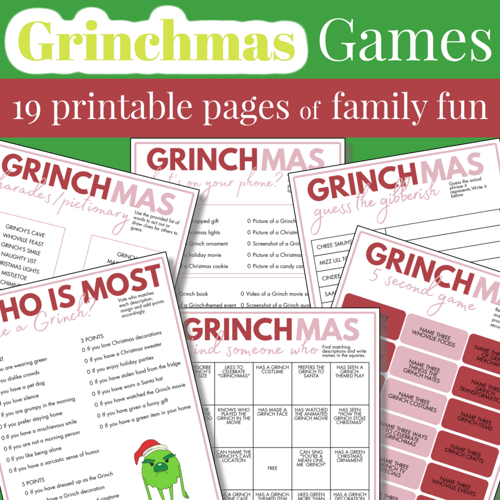 A collection of printable Grinchmas-themed family game sheets titled &ldquo;Grinchmas Games&rdquo; with a holiday design and red and green accents.