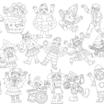 A group of children in various costumes stand and pose together. Outfits include classic monsters, witches, robots, animals, and other creative designs. The image is line art for coloring.