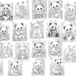 Twenty-four black and white illustrations of pandas sitting among plants, each with unique facial expressions and poses, arranged in a grid pattern.