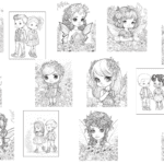 Black and white illustrations of children with flowers, fairy wings, and nature-themed accessories; some standing alone, others paired or grouped.