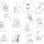 A collage of twenty line drawings showing various animals wearing clothing and accessories, each in a distinct pose, arranged in a loose grid layout.
