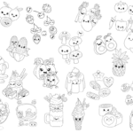 Black and white line art of various foods, including fruits, vegetables, desserts, and drinks, each with cartoon faces and expressions.