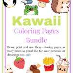 Colorful flyer for a &ldquo;Kawaii Coloring Pages Bundle&rdquo; featuring cute animal and food illustrations with instructions for personal or classroom use.