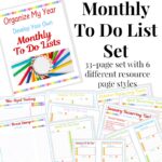 Monthly To Do List Set advertisement showing colorful organizer pages with various headings and styles for each month, highlighting a 33-page set with 6 different resource page styles.