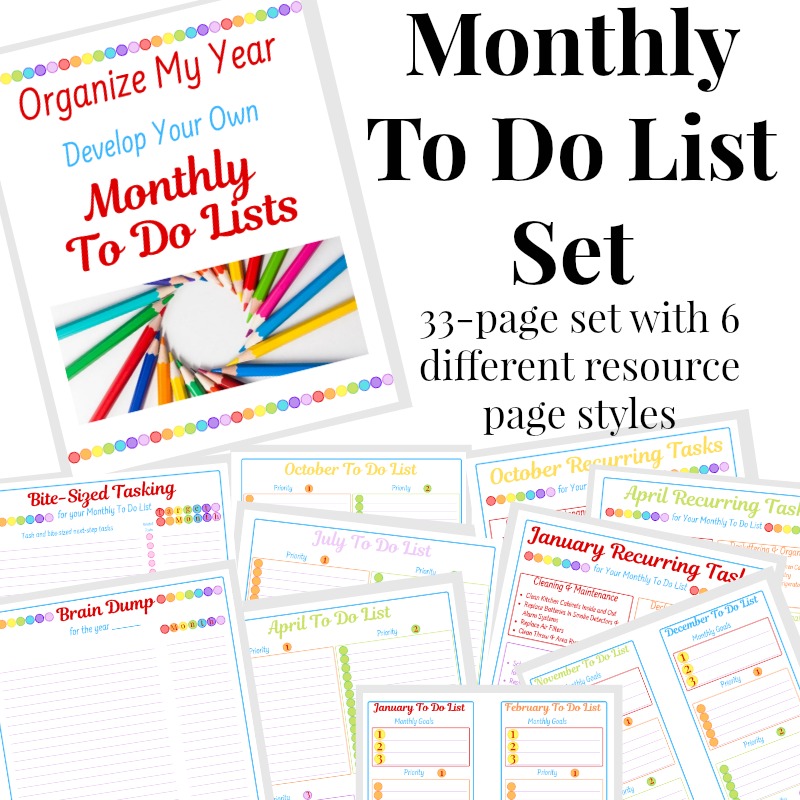 Monthly To Do List Set advertisement showing colorful organizer pages with various headings and styles for each month, highlighting a 33-page set with 6 different resource page styles.