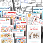 Collage of printable moving-themed kids&rsquo; activity sheets, including matching games, scavenger hunts, word searches, and coloring pages, featuring boxes, trucks, and moving supplies.