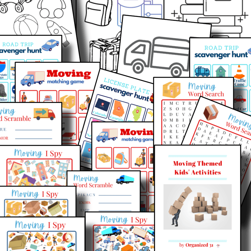 Collage of printable moving-themed kids&rsquo; activity sheets, including matching games, scavenger hunts, word searches, and coloring pages, featuring boxes, trucks, and moving supplies.