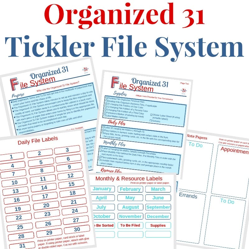 A collection of printable pages titled &ldquo;Organized 31 Tickler File System&rdquo; including daily, monthly, and resource labels, supply lists, and note sections for appointments, errands, and to-dos.