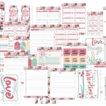 Assorted pink, red, and teal Valentine-themed printable planner and stationery pages, including calendars, notes, lists, and cards with decorative hearts, text, and festive graphics.